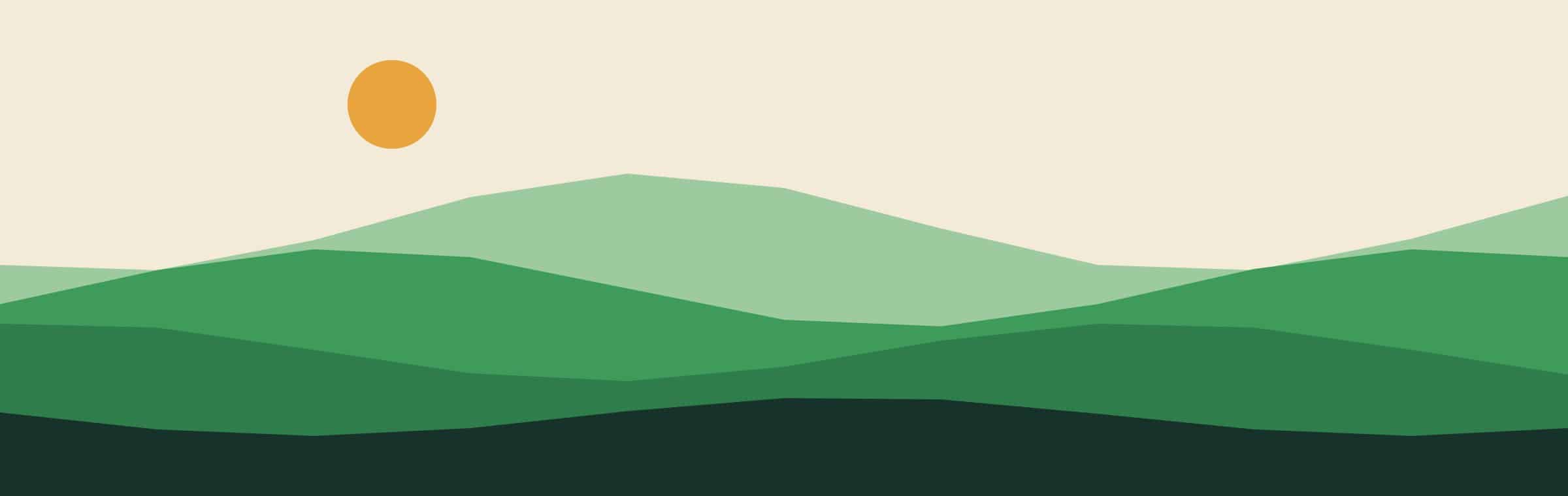 Ilustración de un paisaje de colinas verdes al atardecer